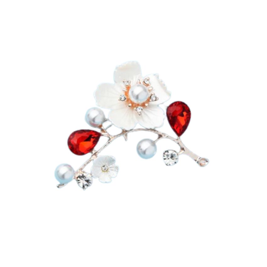 White And Red Flower Diamante Brooch