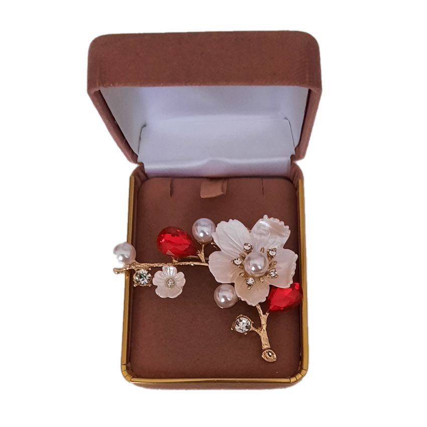 White And Red Flower Diamante Brooch(2)