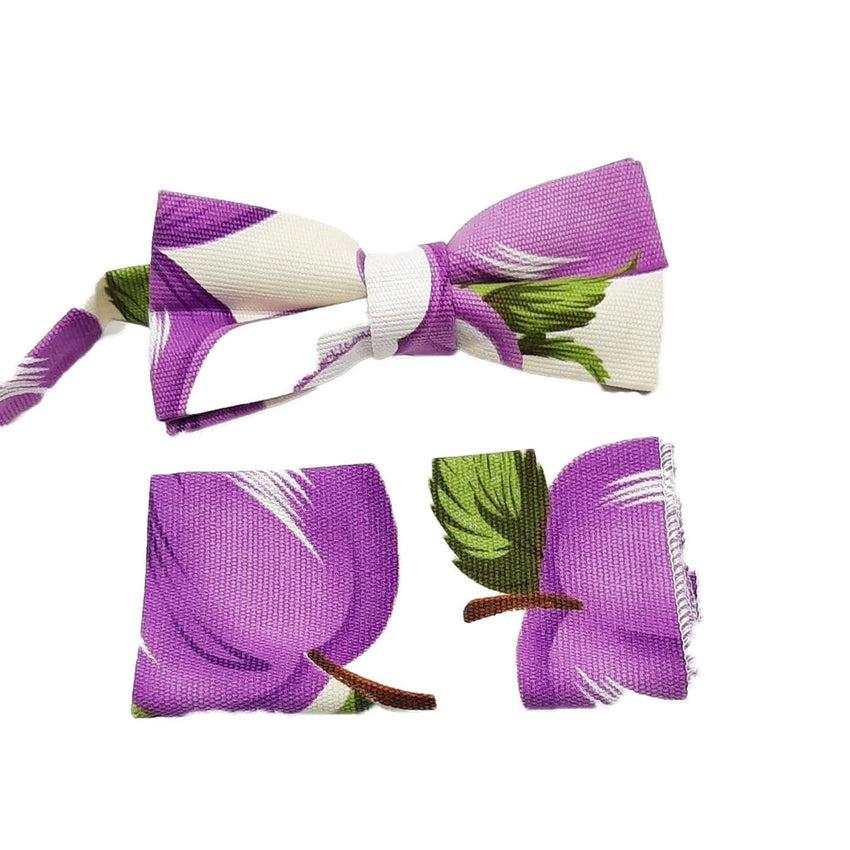 White Background Purple Flowers Bow Tie Set