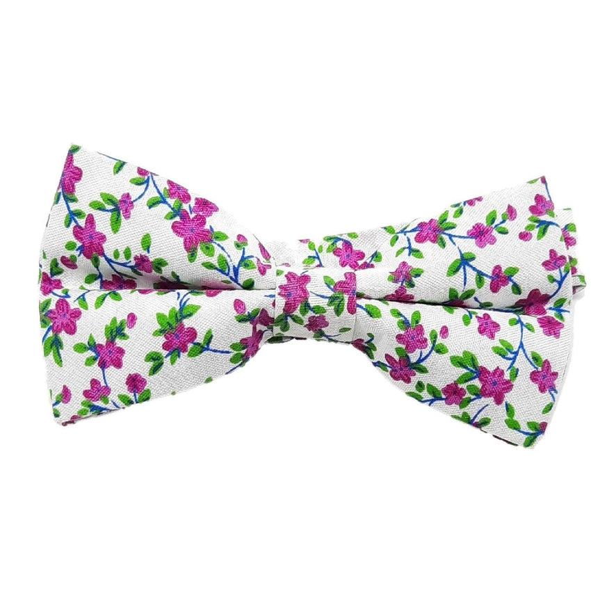 White Background With Pink Floral Design Bow Tie