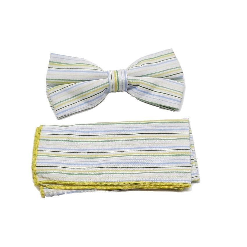White Bow Tie With Pastel Stripes And Matching Handkerchief