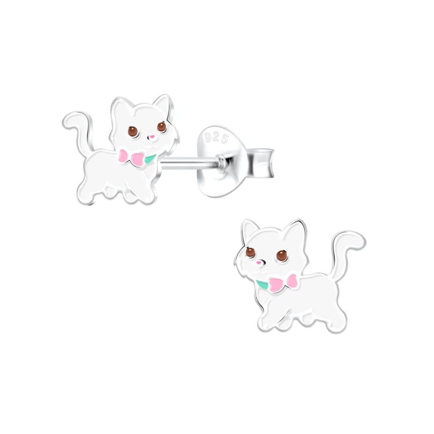 White Cat Sterling Silver Stud Earrings