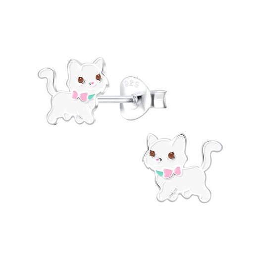 White Cat Sterling Silver Stud Earrings