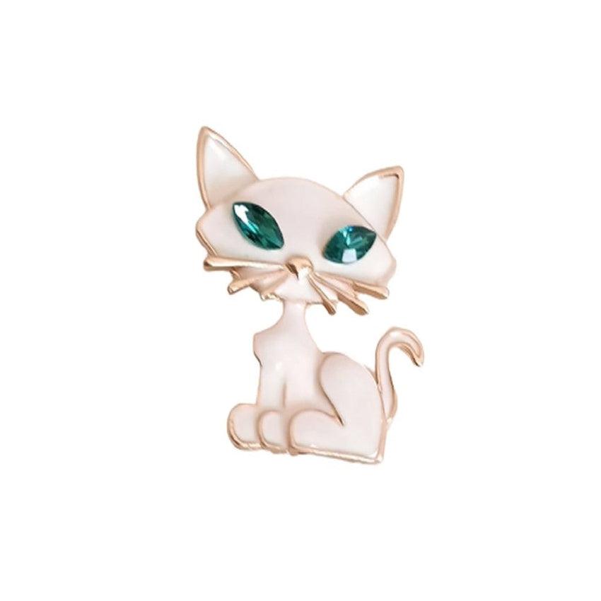 White Cat With Green Crystal Eyes Brooch