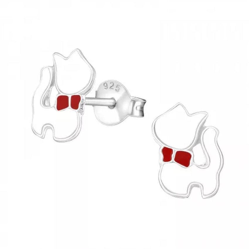 White Enamel Sterling Silver Cat Earrings