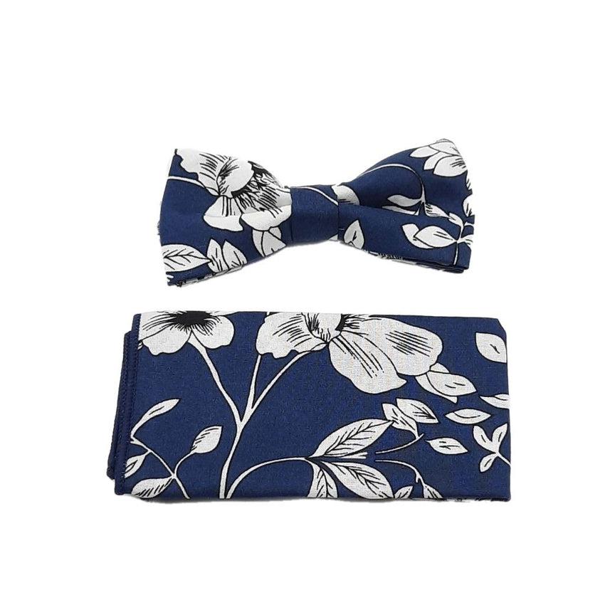White Flower Blue Boys Dicky Bow And Hanky Set