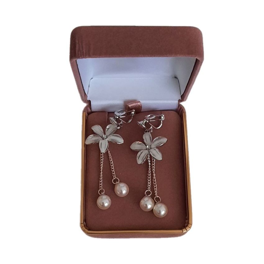 White Flower Dangly Clip On Earrings