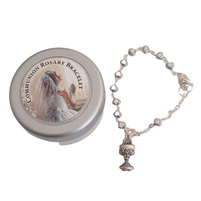 White Heart Chalice Rosary Bracelet In First Holy Communion Gift Packaging