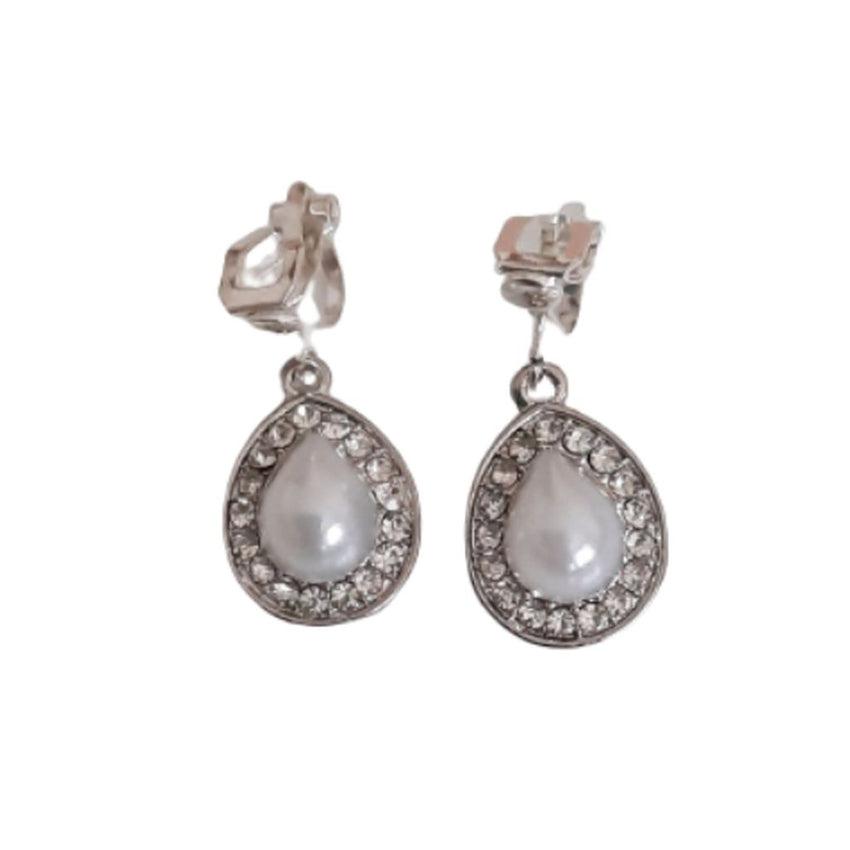 White Pearl Oval Diamante Pearl Drop Clip On Earrings