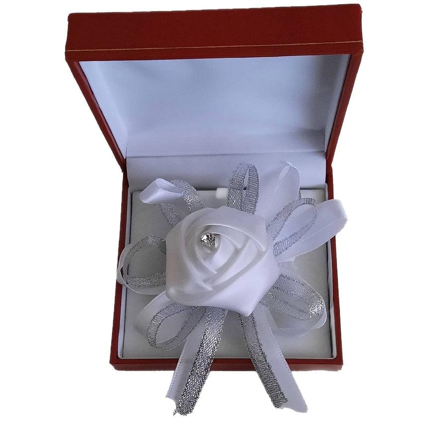White Satin Rosebud With a Diamante Centre And Silver Tied Ribbon Wrist Corsage