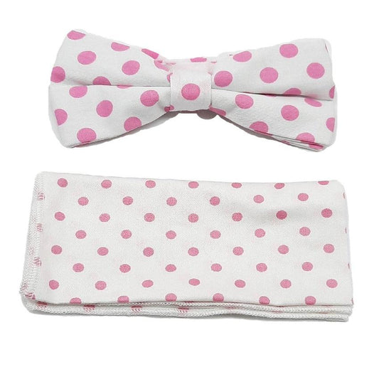 White With Pink Dots Bow Tie And Hanky Set