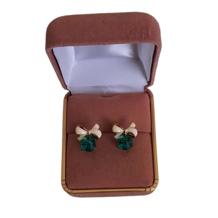 White Bow With Green Stone Fashion Jewellery Earrings