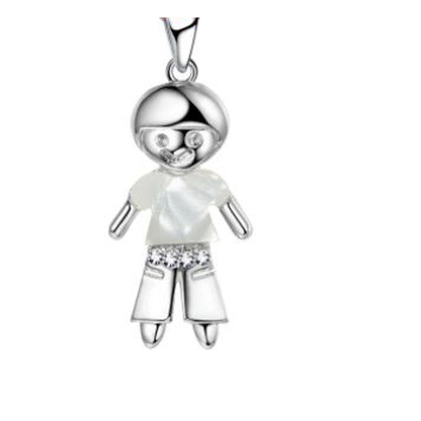 White Enamel Silver Boy Doll Pendant With Cubic Zirconia Detail Trousers