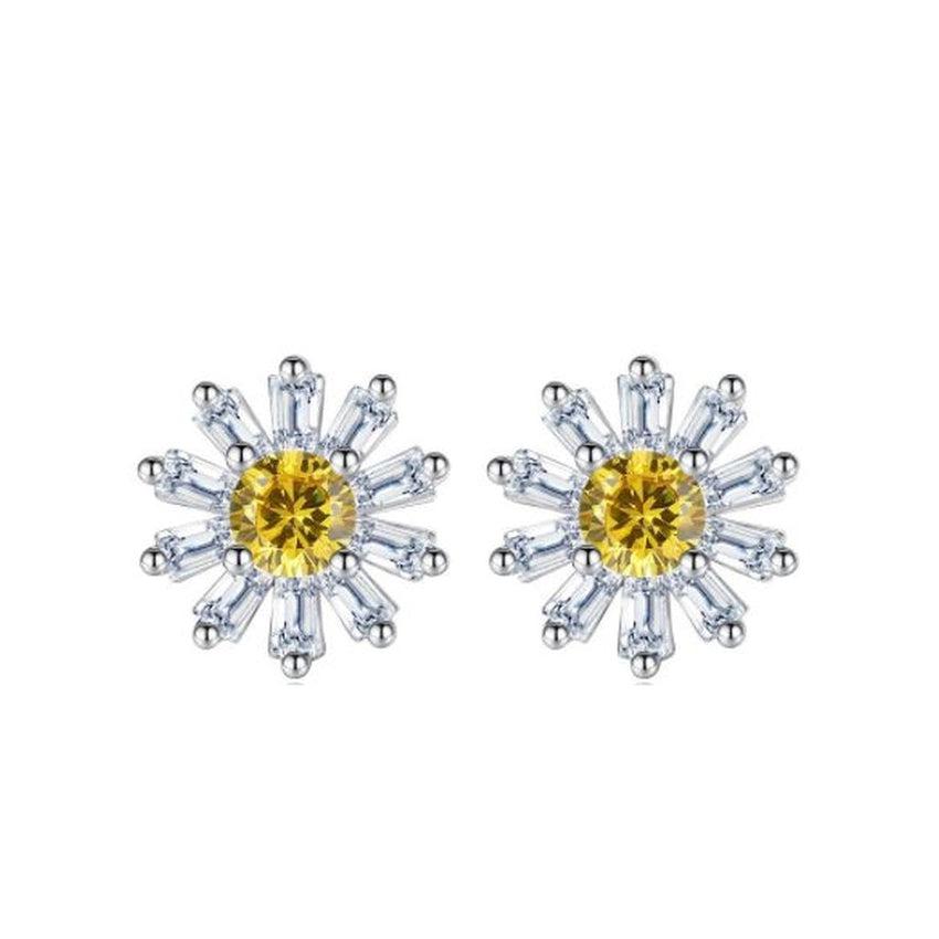 Yellow Citron Centre Baguette Cut Flower Stud Earrings