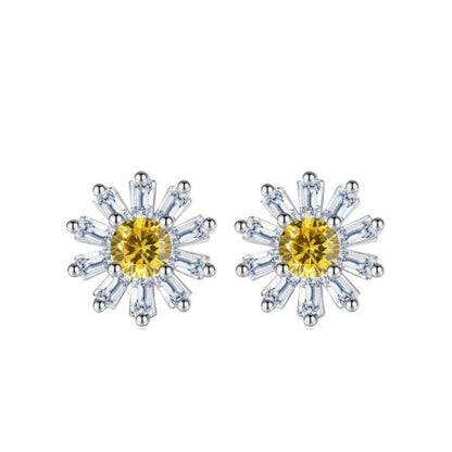 Yellow Citron Centre Baguette Cut Flower Stud Earrings