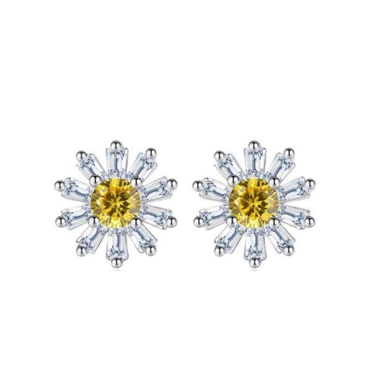 Yellow Citron Centre Baguette Cut Flower Stud Earrings